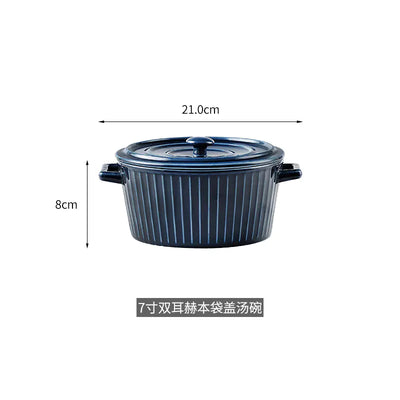 Nordic Double-Handle Ceramic Soup Salad Bowl with Lid