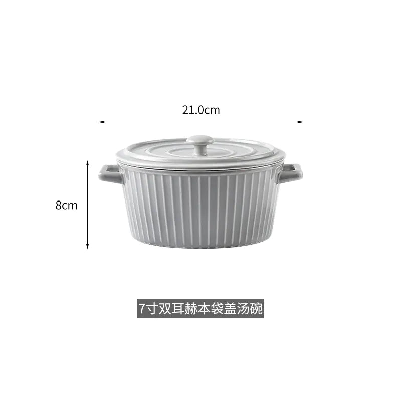 Nordic Double-Handle Ceramic Soup Salad Bowl with Lid