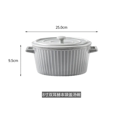 Nordic Double-Handle Ceramic Soup Salad Bowl with Lid