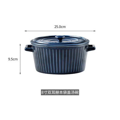 Nordic Double-Handle Ceramic Soup Salad Bowl with Lid