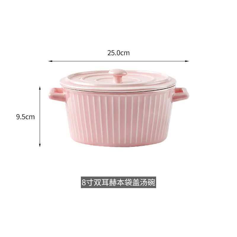 Nordic Double-Handle Ceramic Soup Salad Bowl with Lid