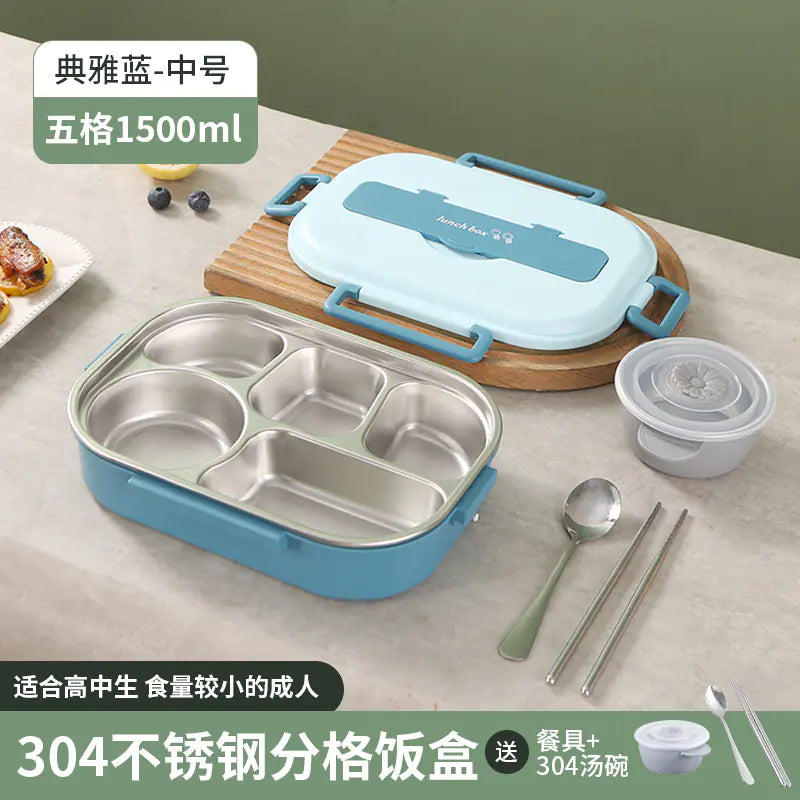 304 Stainless Steel Sealed Bento Box with Five Compartments - Lunqara 