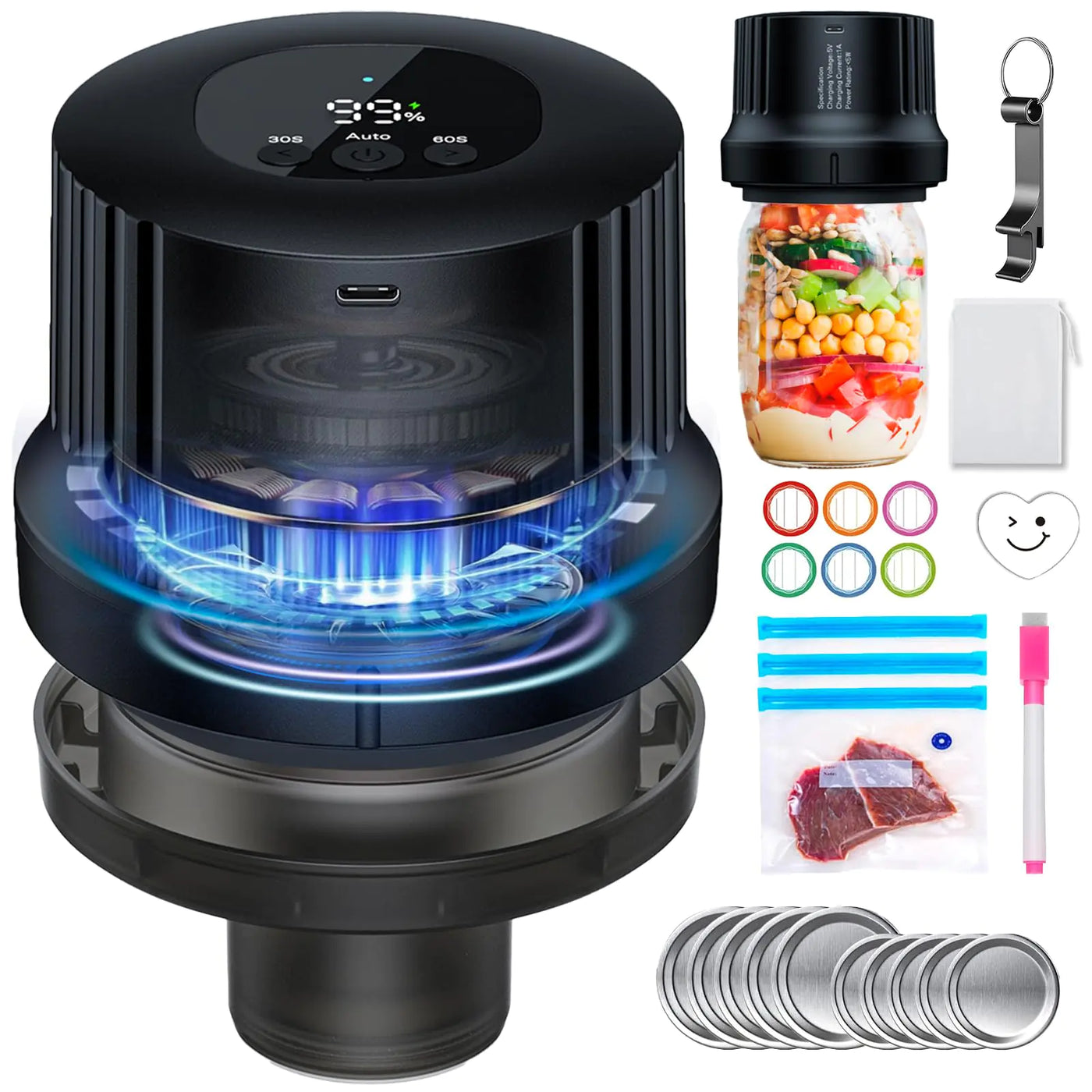 3-in-1 Electric Lunqara Jar Vacuum Sealer Automatic Lunqara Jar Sealer Vacuum Seal Jar for Food Storage Lunqara Jar Vacuum Sealer Kit for Regular and Wide-Mouth Jars and Vacuum Sealer Bags Sous Vide