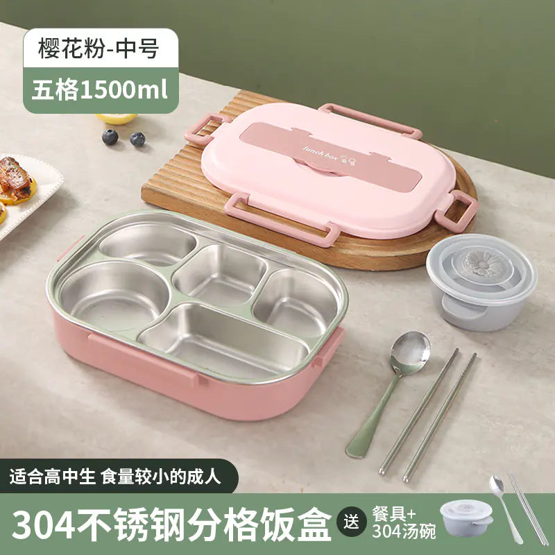 304 Stainless Steel Sealed Bento Box with Five Compartments - Lunqara 