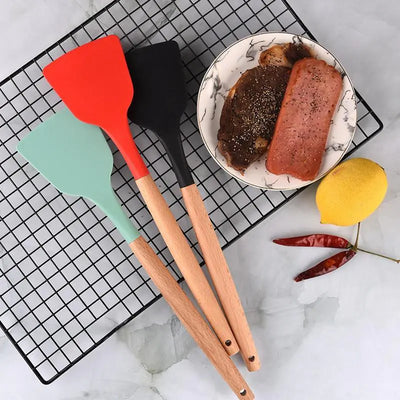 Silicone Spatula Set with Wooden Handle, Food Grade
