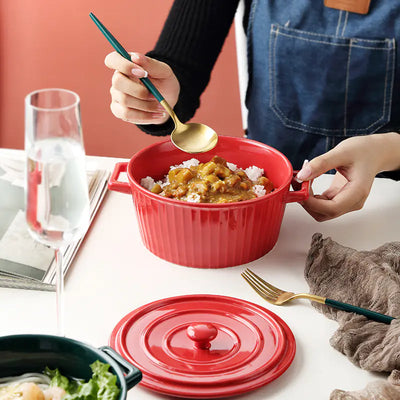 Nordic Double-Handle Ceramic Soup Salad Bowl with Lid