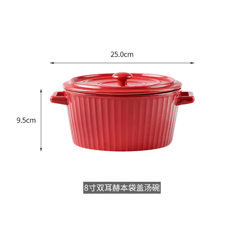 Nordic Double-Handle Ceramic Soup Salad Bowl with Lid