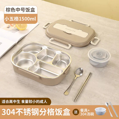 304 Stainless Steel Sealed Bento Box with Five Compartments - Lunqara 
