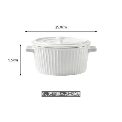Nordic Double-Handle Ceramic Soup Salad Bowl with Lid