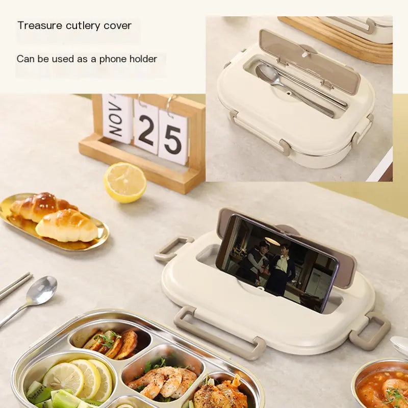 304 Stainless Steel Sealed Bento Box with Five Compartments - Lunqara 