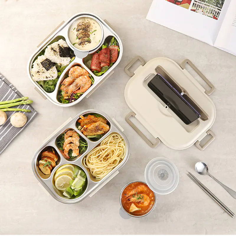 304 Stainless Steel Sealed Bento Box with Five Compartments - Lunqara 