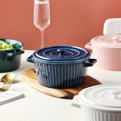 Nordic Double-Handle Ceramic Soup Salad Bowl with Lid