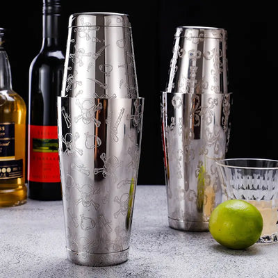304 Stainless Steel Boston Cocktail Shaker with Design - Lunqara