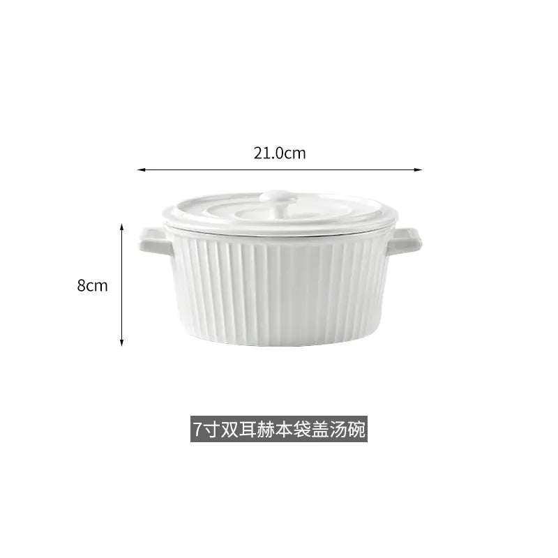 Nordic Double-Handle Ceramic Soup Salad Bowl with Lid