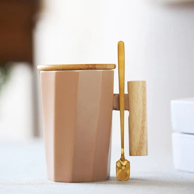 Customizable Ceramic Milk Mug with Wooden Handle - Lunqara