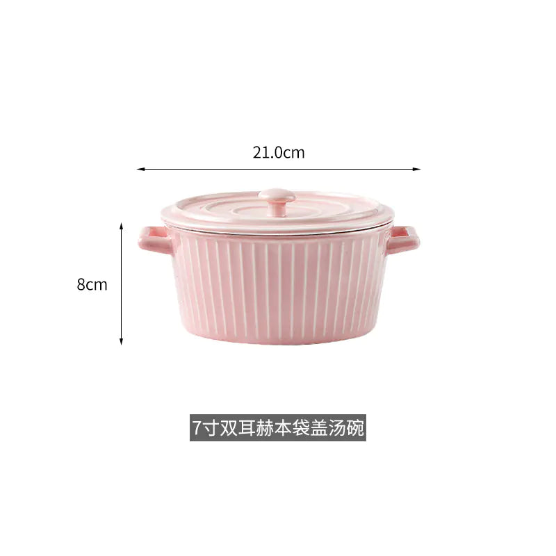 Nordic Double-Handle Ceramic Soup Salad Bowl with Lid