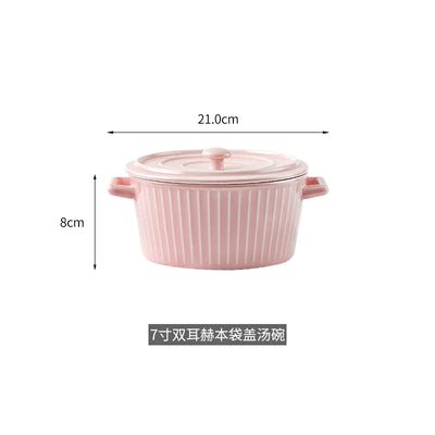 Nordic Double-Handle Ceramic Soup Salad Bowl with Lid