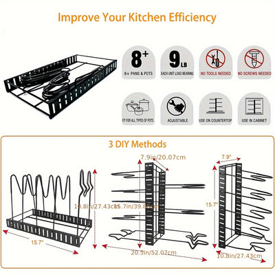 8 - Tier Duty Pot Rack Organizer Durable Metal,Space - saving Cabinet Holder for Pots,Pans and lids - Keep Your Kitchen Neat and Tidy - Lunqara