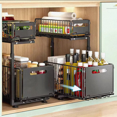 2 Tier Pull Out Cabinet Organizer Adjustable Kitchen Storage Rack Under Sink Organizer Spice Jar Storage Rack Slide Out Drawer - Lunqara