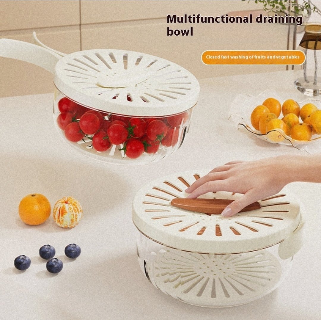 Fruit Drain Basket With Lid Vegetable Washing Bowl Foldable Handle Cleaning Colander Plastic Refrigerator Crisper Kitchen Box - Lunqara