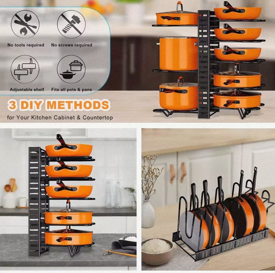 8-Tier Duty Pot Rack Organizer Durable
Metal,Space-saving Cabinet Holder for Pots,Pans and
lids-Keep Your Kitchen Neat and Tidy