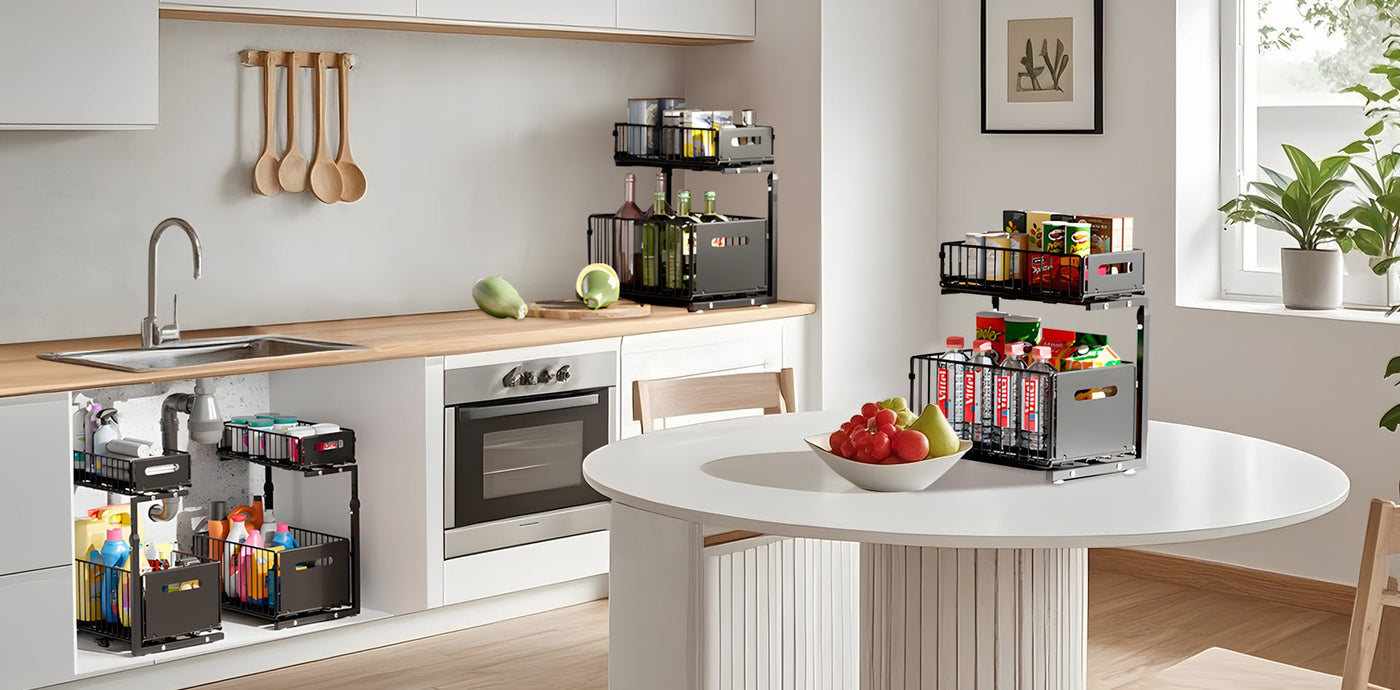 2 Tier Pull Out Cabinet Organizer Adjustable Kitchen Storage Rack Under Sink Organizer Spice Jar Storage Rack Slide Out Drawer - Lunqara