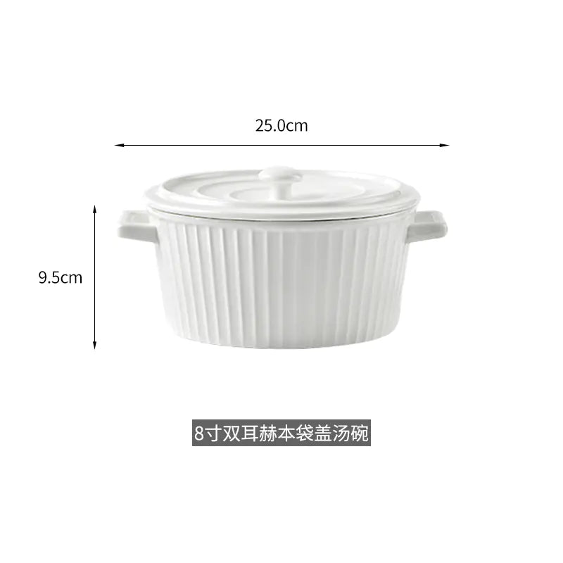 Nordic Double-Handle Ceramic Soup Salad Bowl with Lid